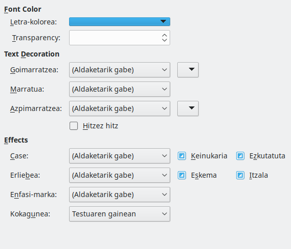 Letra-efektuen orrialdearen elkarrizketa-koadroaren irudia
