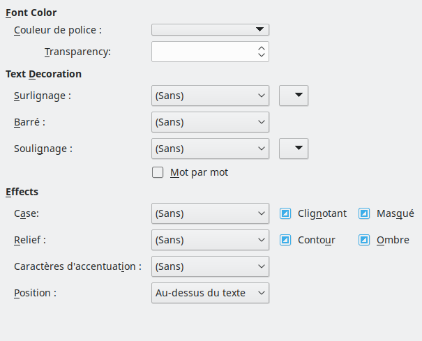 Image de l'onglet de la boîte de dialogue Effets de police