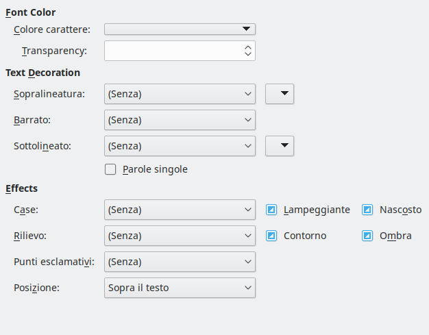 Immagine finestra di dialogo pagina degli Effetti carattere