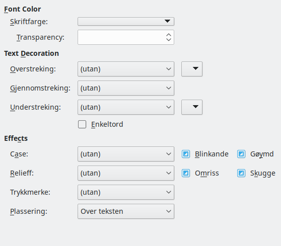Dialogvindauget for innstillingar for skrifteffektar