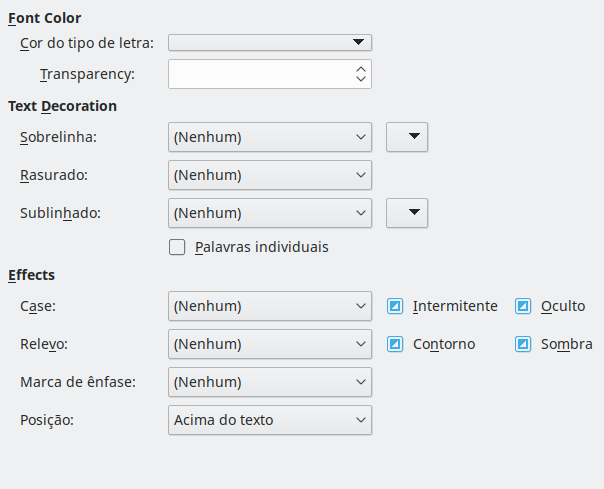 Imagem da caixa de diálogo Efeitos do tipo de letra