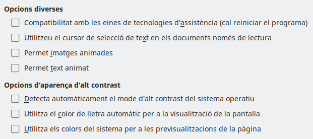 Imatge del diàleg d'opcions d'accessibilitat
