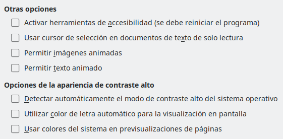 Imagen del cuadro de diálogo Opciones, sección Accesibilidad
