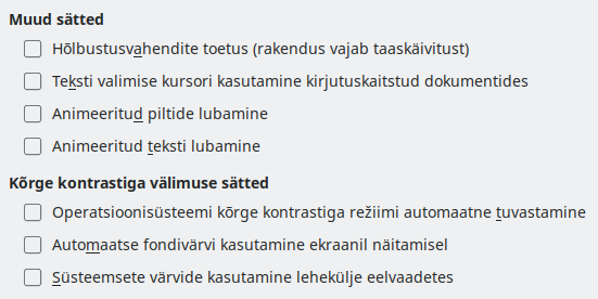 Ekraanipilt hõlbustussätete dialoogist