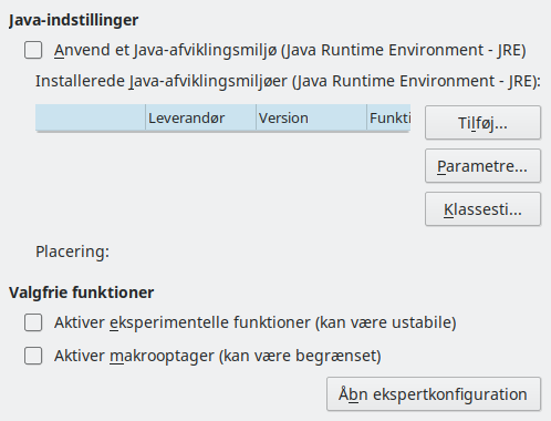 Billede af dialogen Indstillinger - Avanceret