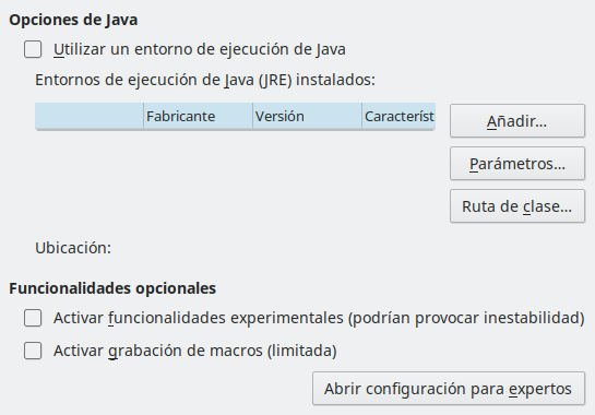 Imagen del cuadro de diálogo Opciones, sección Avanzado