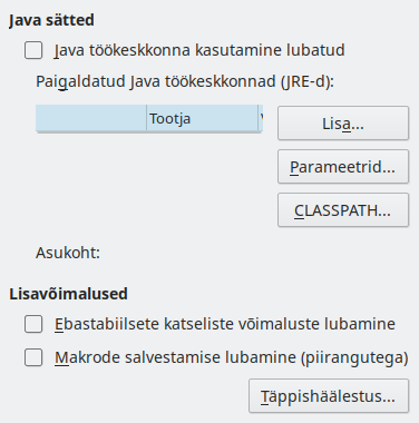 Ekraanipilt edasijõudnuile mõeldud sätete dialoogist