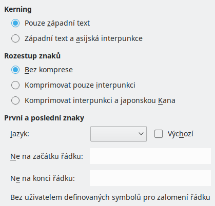 Obrázek dialogového okna Možnosti Asijské