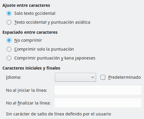 Imagen del cuadro de diálogo Opciones, sección Asiático