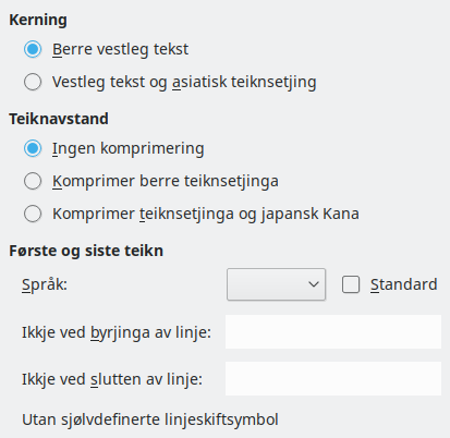 Dialogvindauget for asiatiske innstillingar