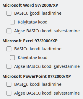 Ekraanipilt VBA laadimise ja salvestamise sätete dialoogist