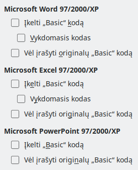 VBA įkėlimo ir įrašymo parinkčių lango nuotrauka