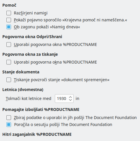 Slika pogovornega okna Nastavitve/Možnosti – Splošno