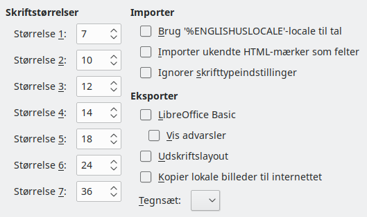 Billede af dialogen Indstillinger HTML
