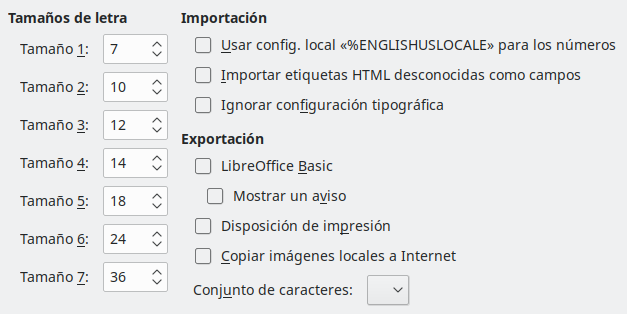 Imagen del cuadro de diálogo Opciones, sección HTML