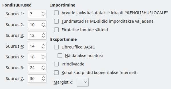 Ekraanipilt HTML-i sätete dialoogist