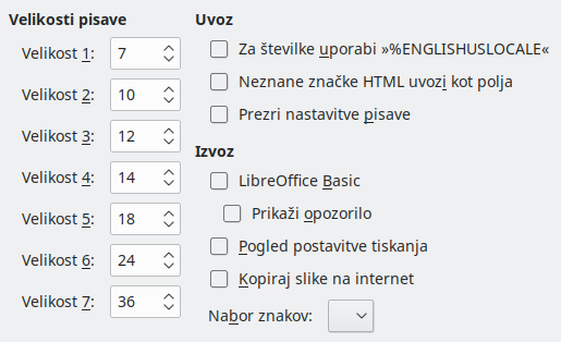 Slika pogovornega okna Nastavitve/Možnosti – HTML