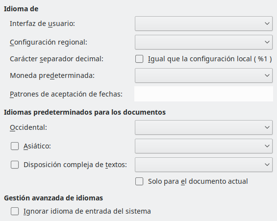 Imagen del cuadro de diálogo Opciones, sección Idioma