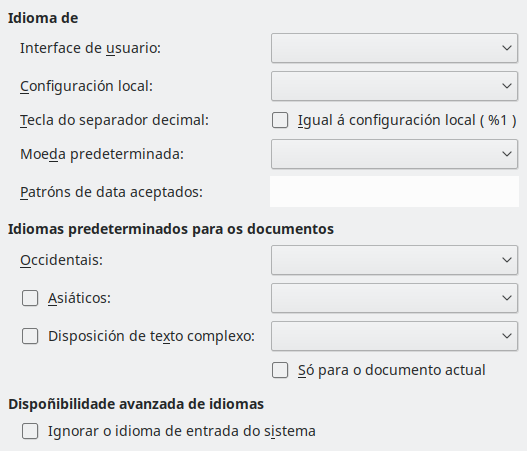 Imaxe da caixa de diálogo Idiomas de Opcións