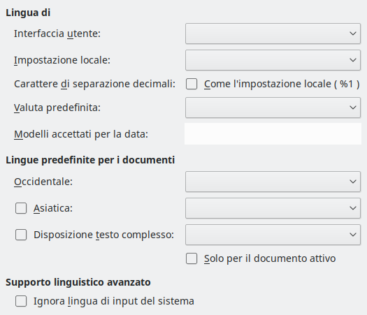 Immagine finestra di dialogo Lingue delle opzioni