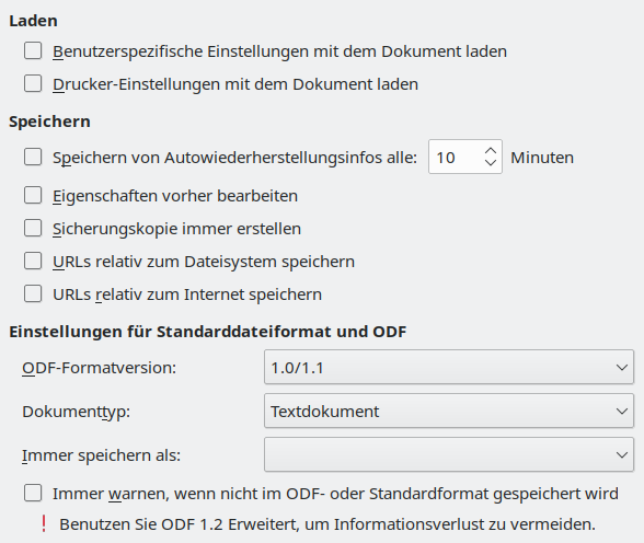 Bild des Dialogs Optionen – Laden/Speichern – Allgemein