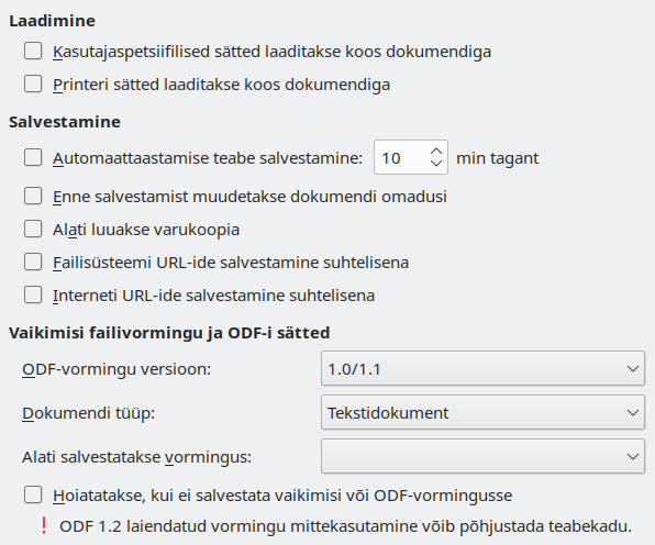 Ekraanipilt laadimise ja salvestamise sätete dialoogist