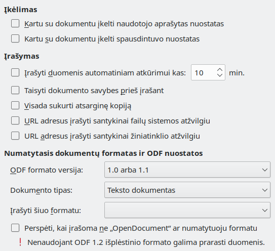 Įkėlimo ir įrašymo parinkčių lango nuotrauka