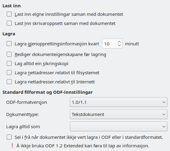 Innstillingar for dialogvindauget for å lagra