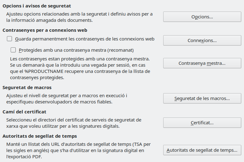 Imatge del diàleg d'opcions de seguretat
