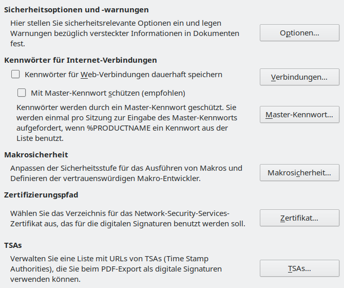 Bild des Dialogs Optionen – Sicherheit