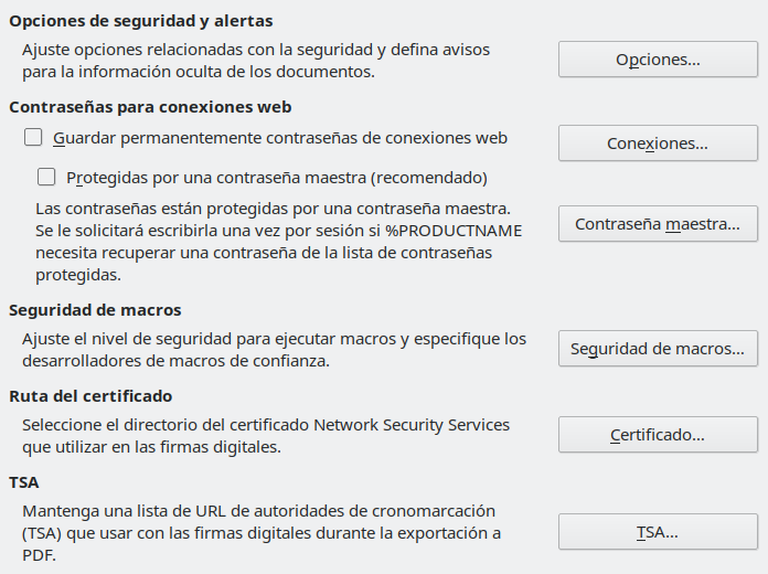 Imagen del cuadro de diálogo Opciones, sección Seguridad