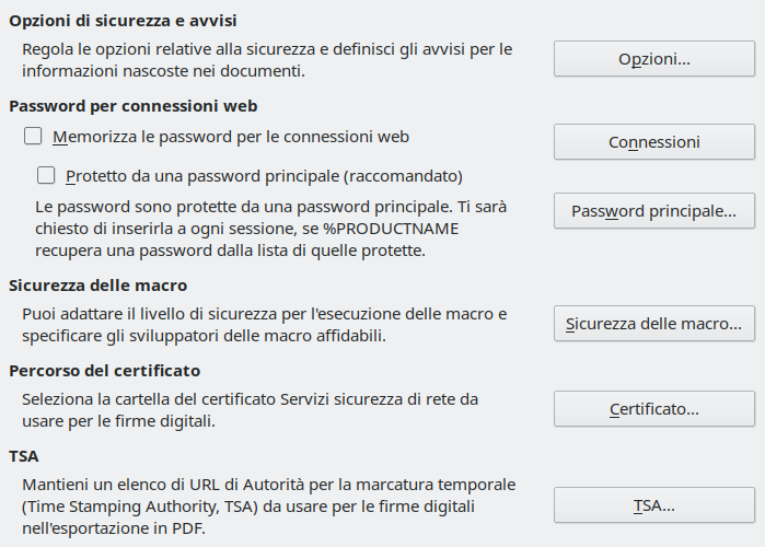 Immagine finestra di dialogo Sicurezza delle opzioni