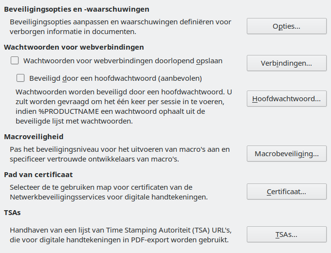 Afbeelding van dialoogvenster Opties - Beveiliging