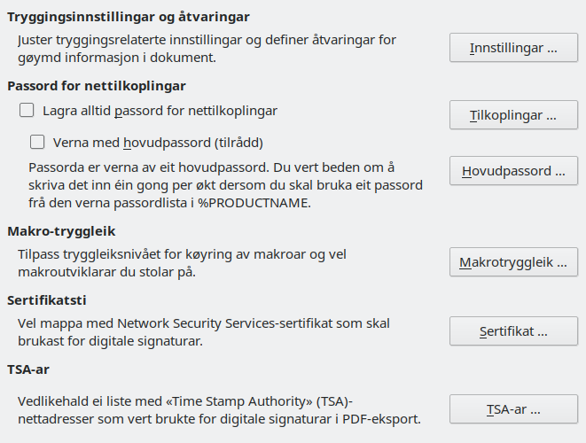 Dialogvindauget for tryggings-innstillingar