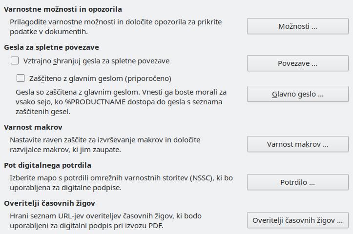 Slika pogovornega okna Nastavitve/Možnosti – Varnost