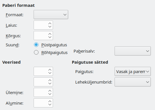 Ekraanipilt lehekülje vormindamise dialoogist