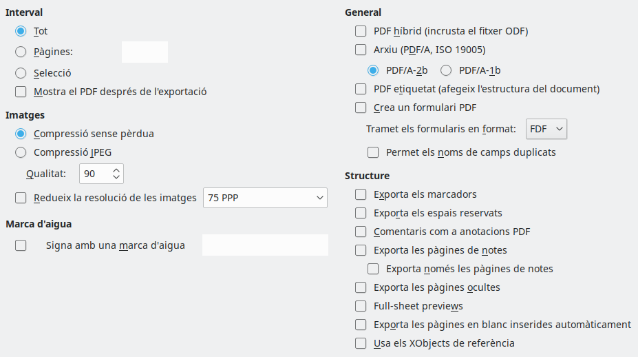 Imatge del diàleg d'opcions generals d'exportació a PDF