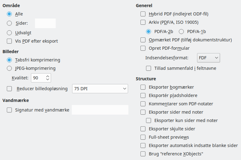 Dialogen PDF-eksport generelle indstillinger