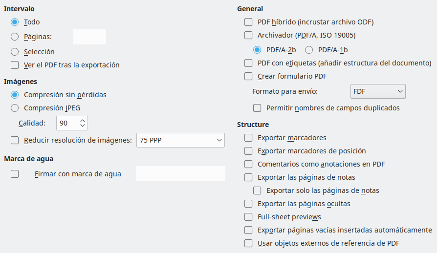 Imagen del cuadro de diálogo Exportar a PDF, pestaña de opciones generales