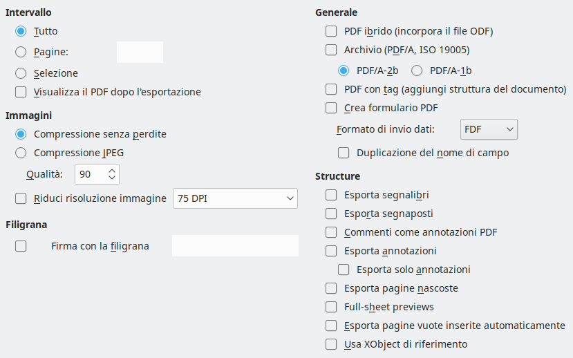 Immagine finestra di dialogo delle opzioni generali dell'esportazione PDF