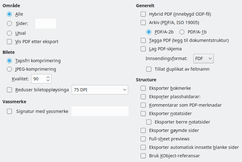 PDF-eksport-dialogvindauge for generelle innstillingar