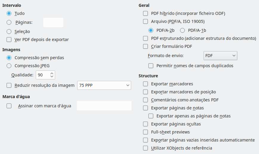 Imagem da caixa de diálogo das opções gerais da exportação PDF