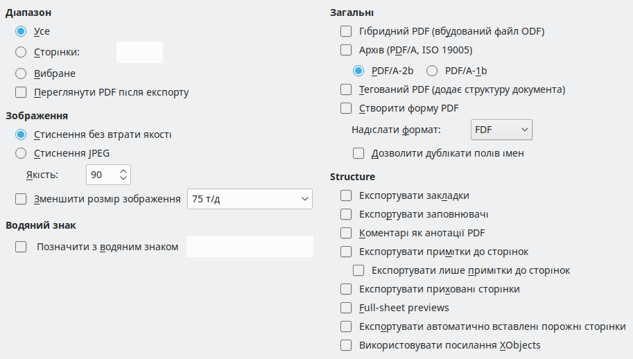 PDF Export General Options Dialog Image