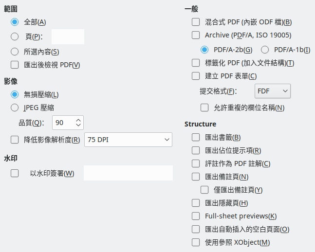 PDF Export General Options Dialog Image