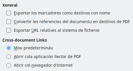 Imaxe del cuadru de diálogu d'Opciones d'esportación d'enllaces de PDF