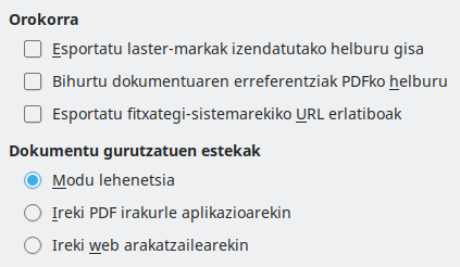 PDF esportaziaren esteken aukeren elkarrizketa-koadroaren irudia