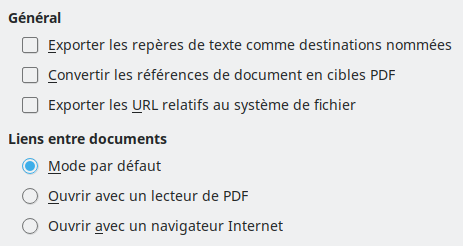 Image de la boîte de dialogue d'options des liens de l'export PDF
