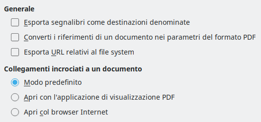 Immagine finestra di dialogo delle opzioni dei collegamenti dell'esportazione PDF