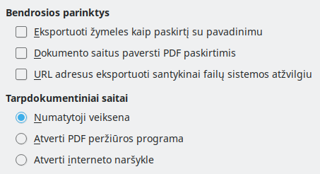 PDF eksporto saitų parinkčių lango nuotrauka