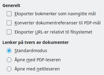 PDF eksportkoblinger Alternativer, Dialog